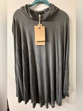 POL NWT Oversized Boho Hooded Tunic Poncho in Charcoal with Crochet Lace Trim